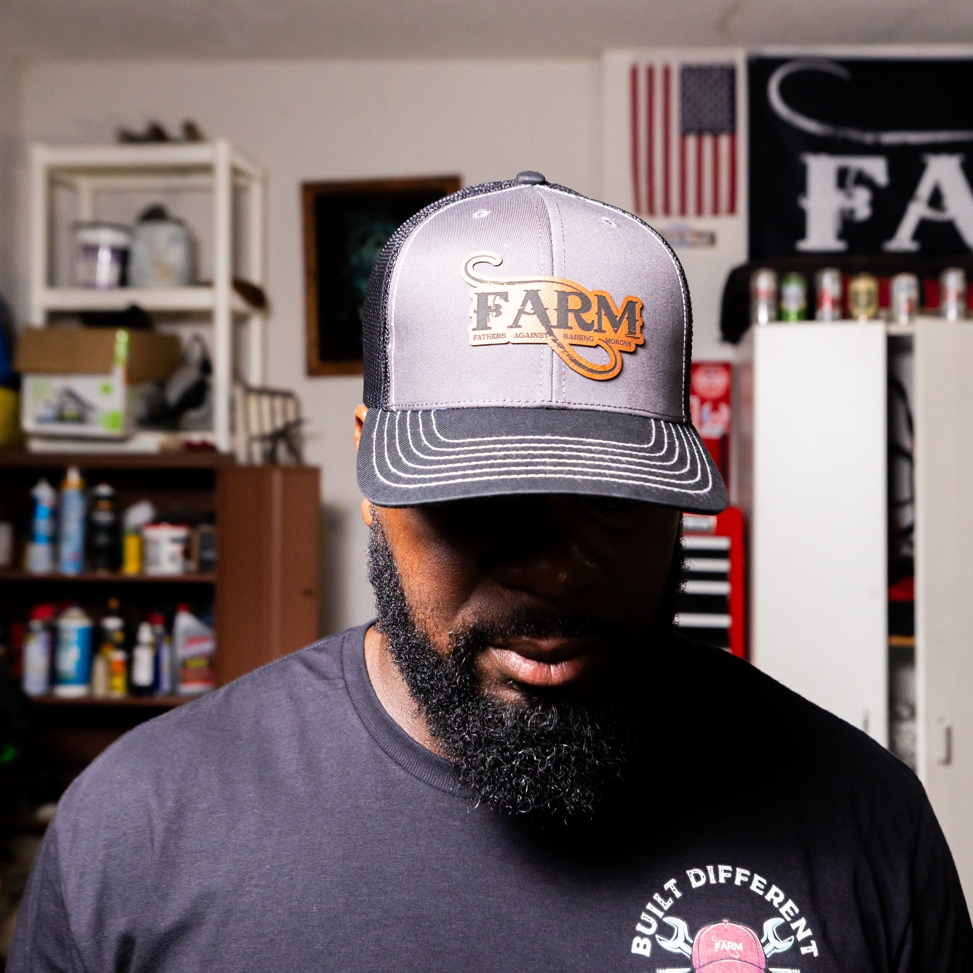 FARM Leather Patch Snap Back Hat - Black/Charcoal/Black