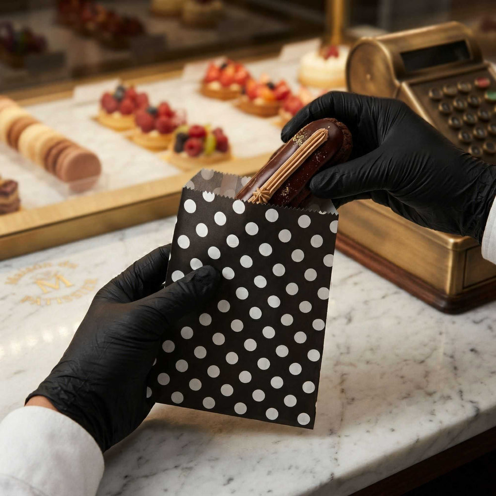 Bag Tek Rectangle Black Paper Bag - Polka Dots - 7" x 5" - 100 count box