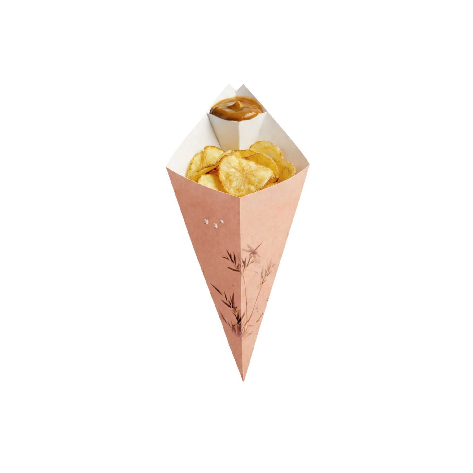 Cone Tek Bamboo Print Paper Food Cone - with Dipping Pocket - 9 1/2" x 5 1/2" - 100 count box