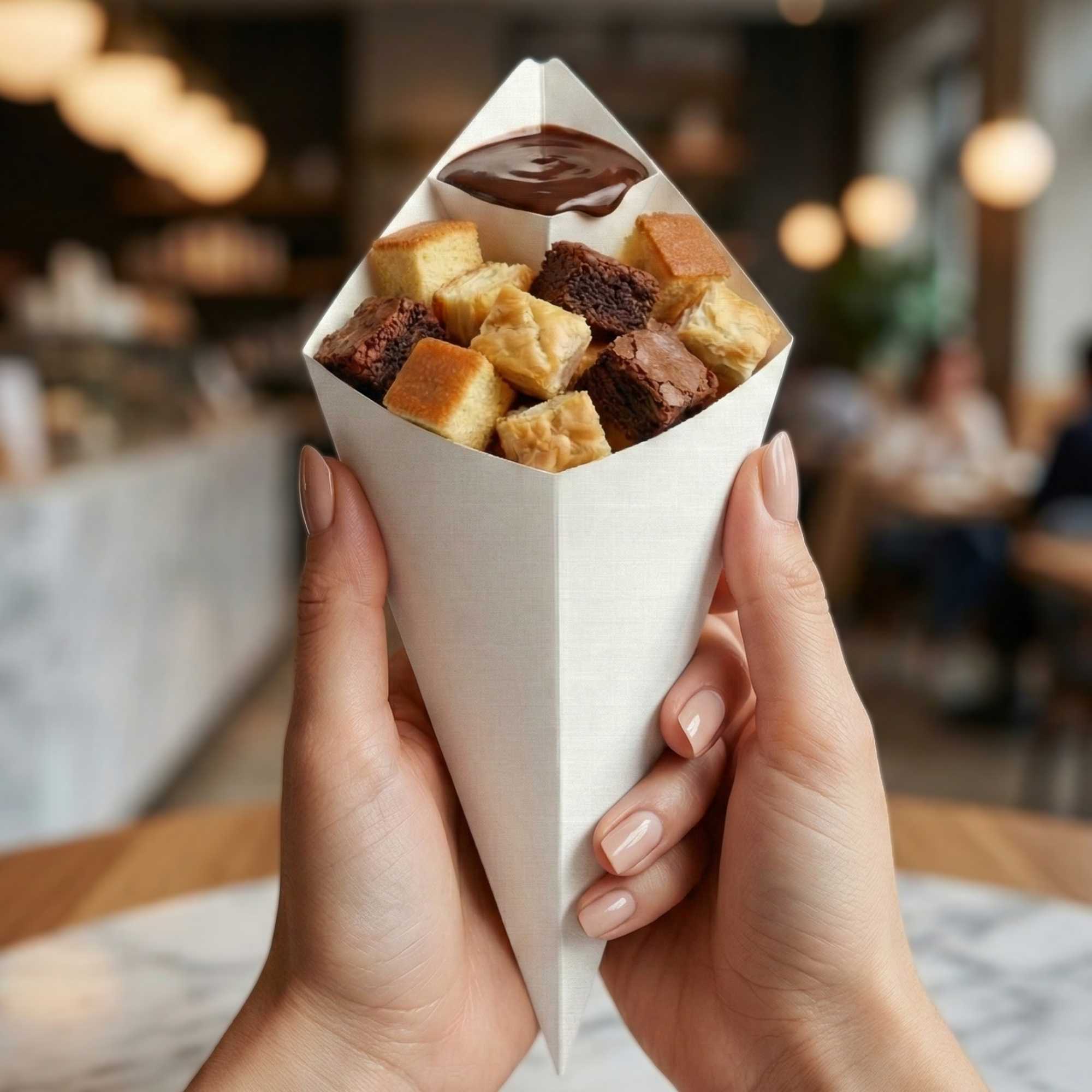 Cone Tek White Paper Food Cone - with Dipping Pocket - 15" x 9" - 100 count box