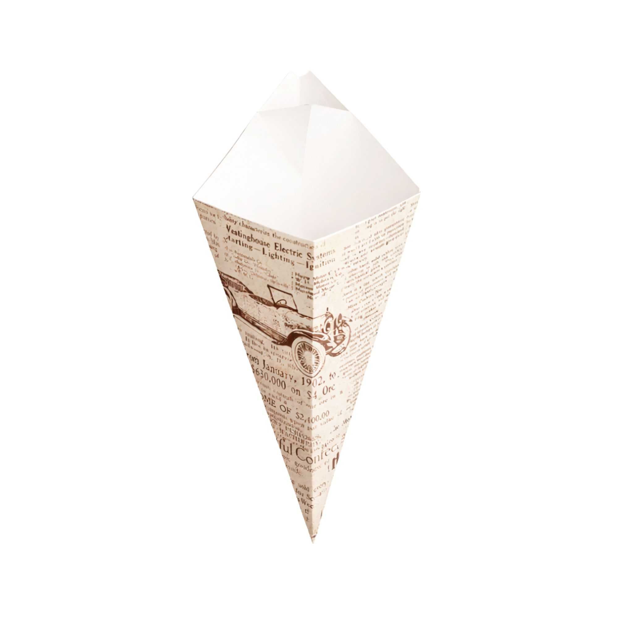 Cone Tek Newsprint Paper Food Cone - with Dipping Pocket - 15" x 9" - 100 count box