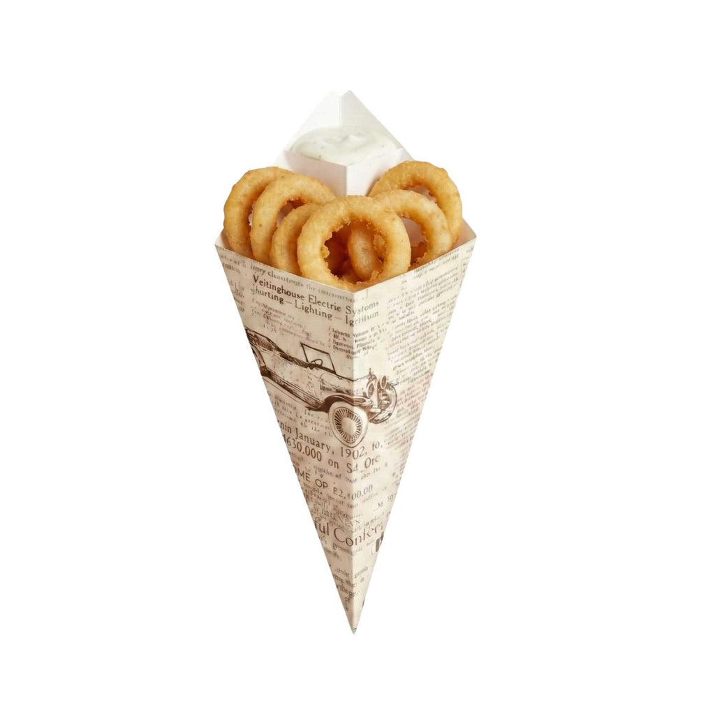 Cone Tek Newsprint Paper Food Cone - with Dipping Pocket - 15" x 9" - 100 count box