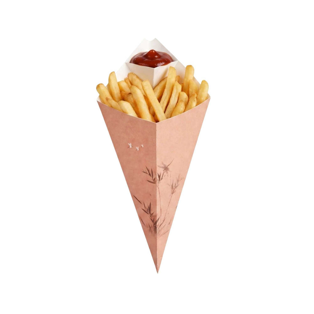Cone Tek Bamboo Print Paper Food Cone - with Dipping Pocket - 15" x 9" - 100 count box