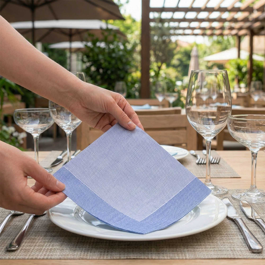 Luxenap Square White Paper Napkin - Super Lux, with Blue Threads - 15 3/4" x 15 3/4" - 25 count box