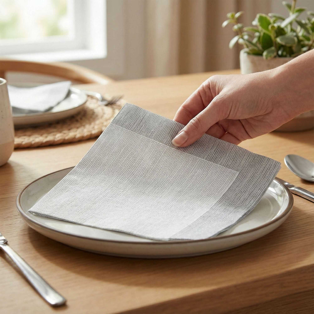 Luxenap Square White Paper Napkin - Air Laid, with Gray Threads - 15 3/4" x 15 3/4" - 25 count box