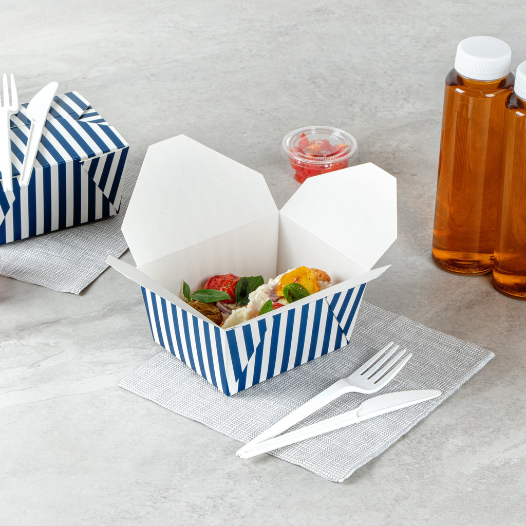 Bio Tek 30 oz Rectangle Blue and White Stripe Paper #1 Bio Box Take Out Container - 5" x 4" x 2 1/2" - 50 count box