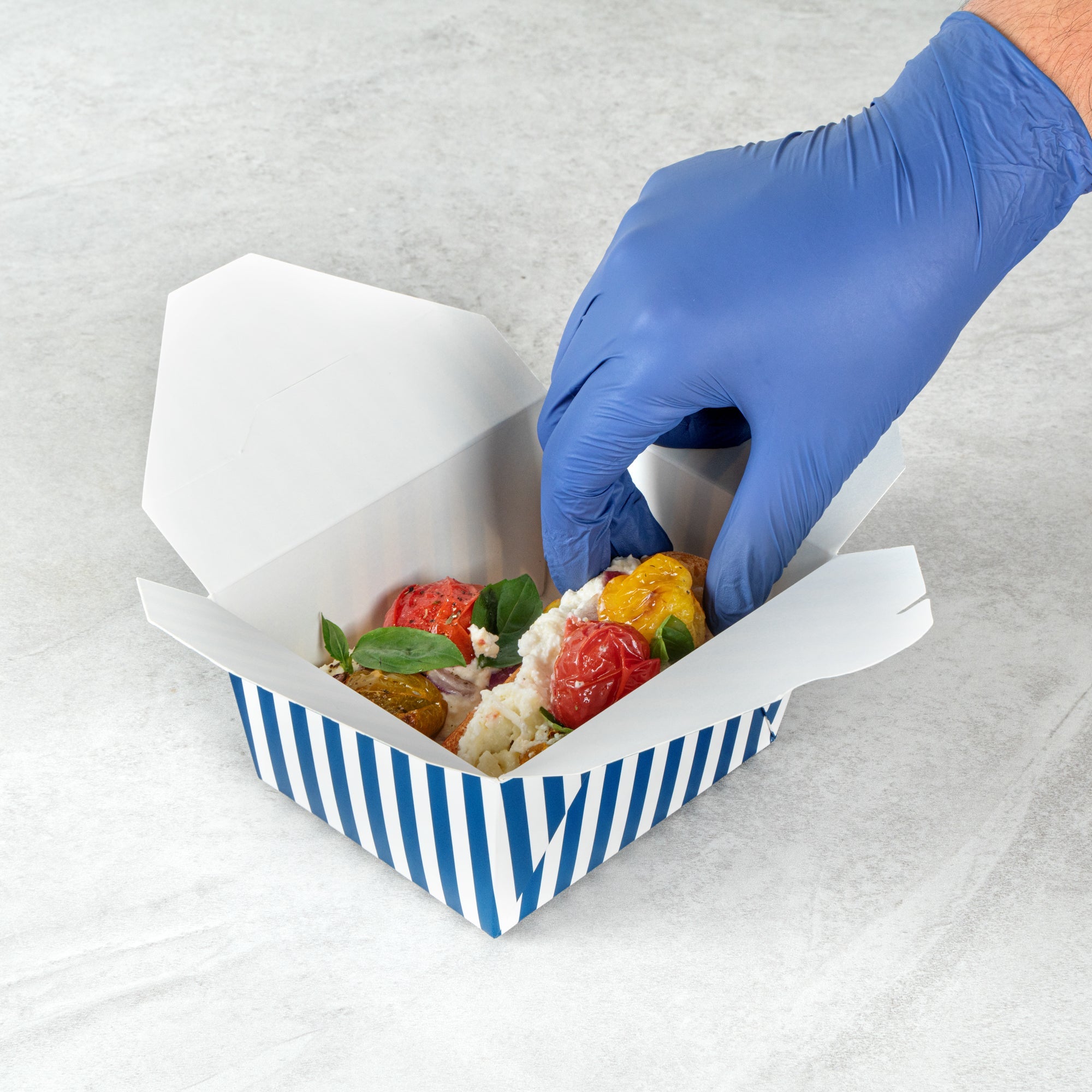 Bio Tek 30 oz Rectangle Blue and White Stripe Paper #1 Bio Box Take Out Container - 5" x 4" x 2 1/2" - 50 count box
