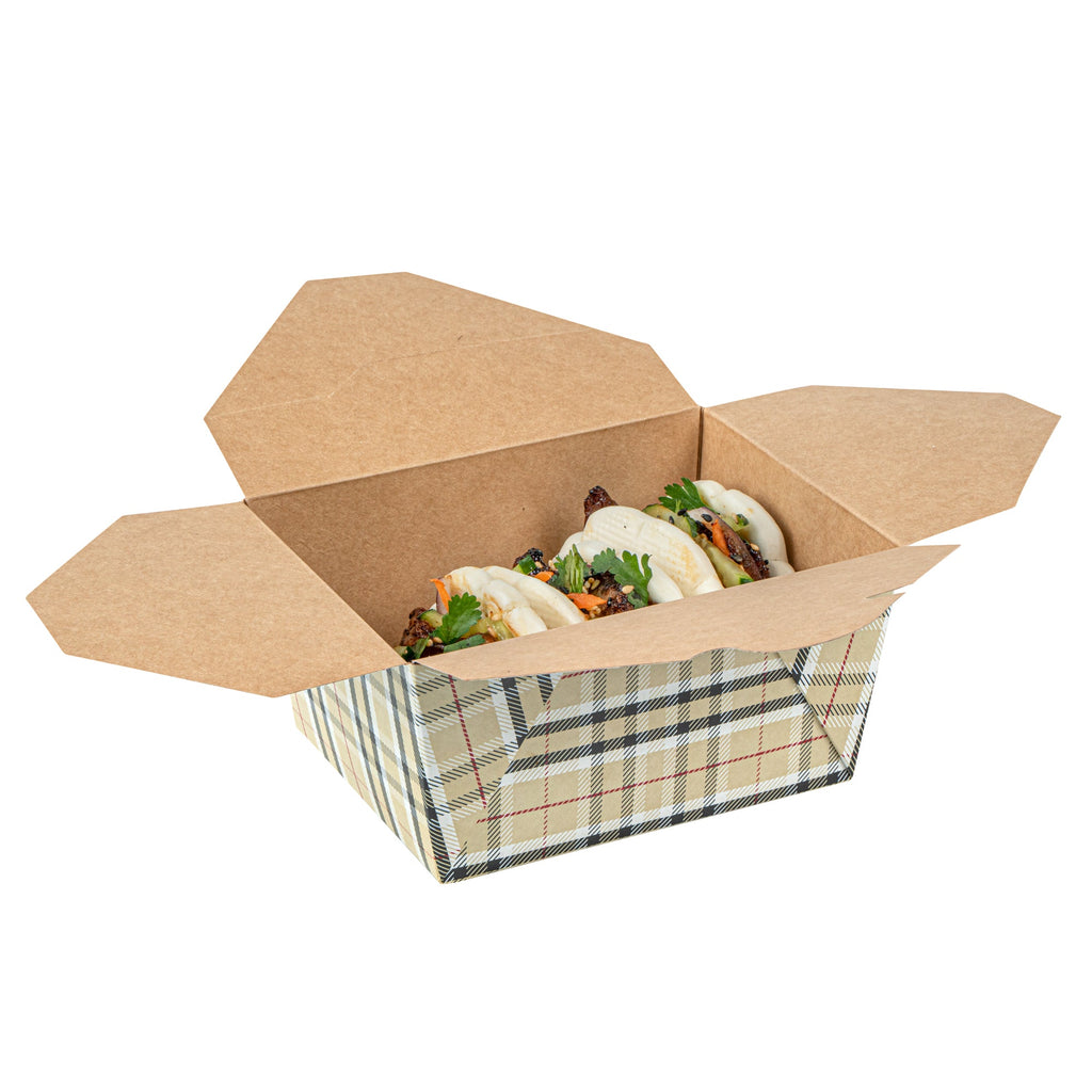 Bio Tek 30 oz Rectangle Plaid Paper #1 Bio Box Take Out Container - 5" x 4" x 2 1/2" - 50 count box