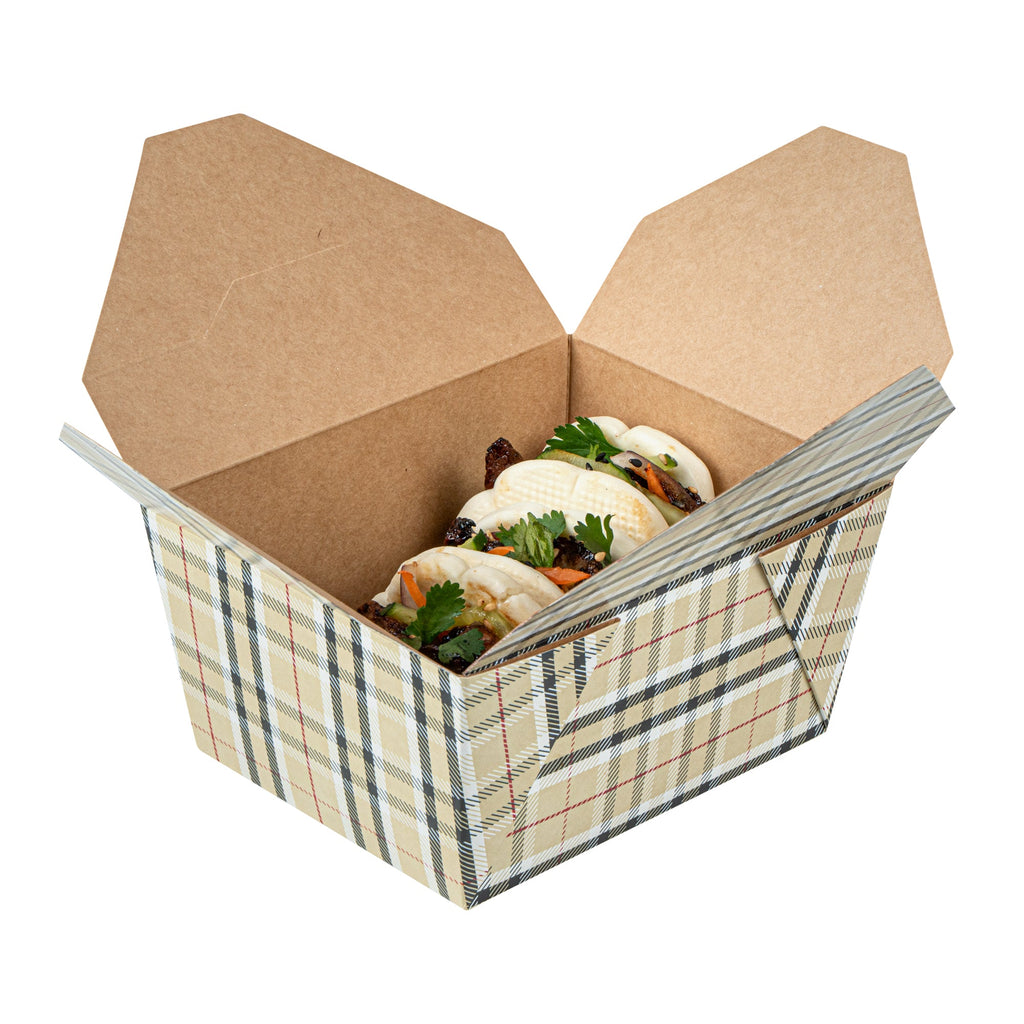 Bio Tek 30 oz Rectangle Plaid Paper #1 Bio Box Take Out Container - 5" x 4" x 2 1/2" - 50 count box