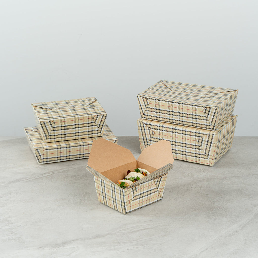 Bio Tek 30 oz Rectangle Plaid Paper #1 Bio Box Take Out Container - 5" x 4" x 2 1/2" - 200 count box
