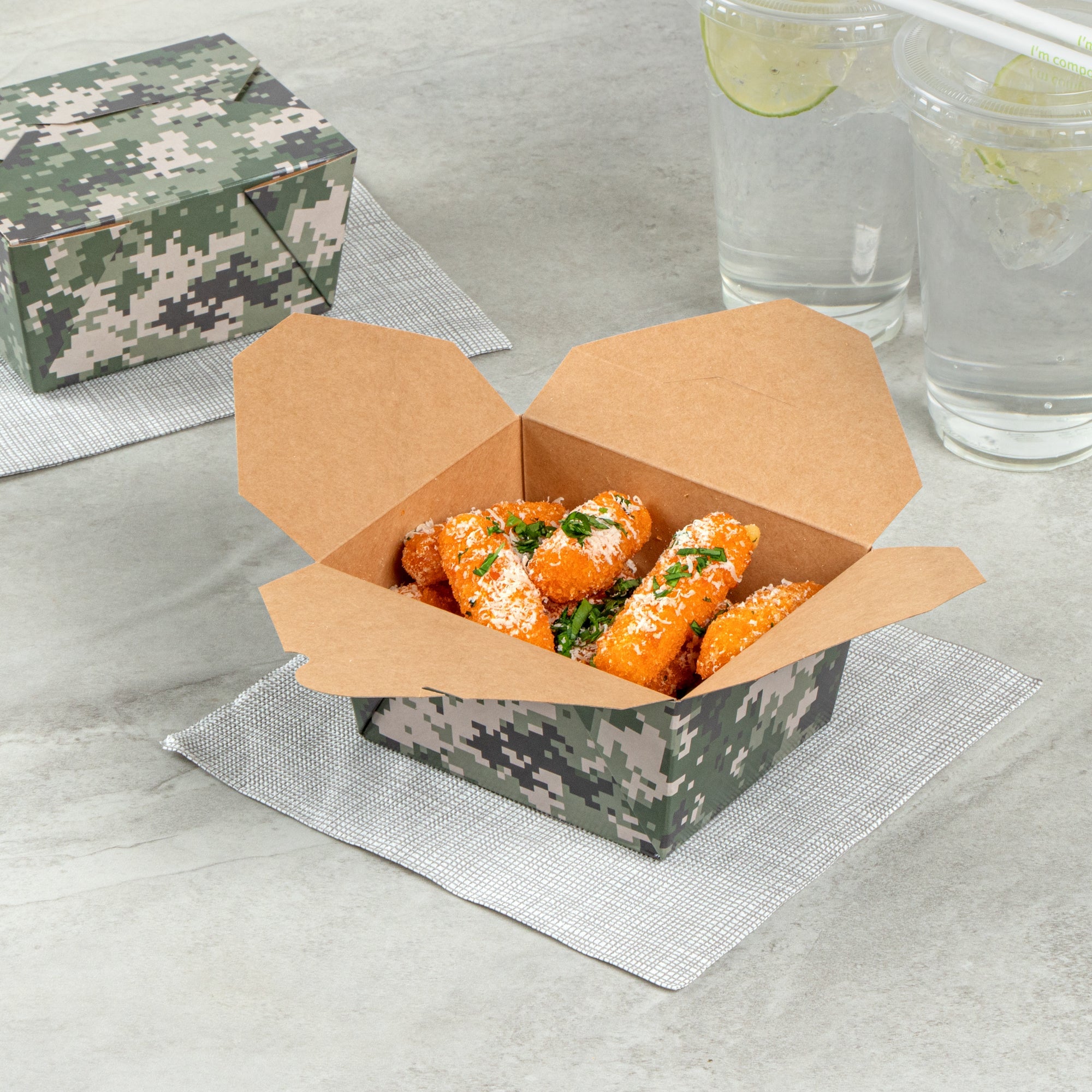 Bio Tek 30 oz Rectangle Camouflage Paper #1 Bio Box Take Out Container - 5" x 4" x 2 1/2" - 200 count box
