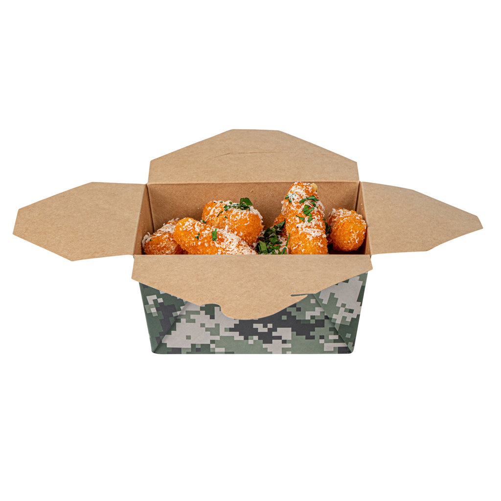 Bio Tek 30 oz Rectangle Camouflage Paper #1 Bio Box Take Out Container - 5" x 4" x 2 1/2" - 50 count box