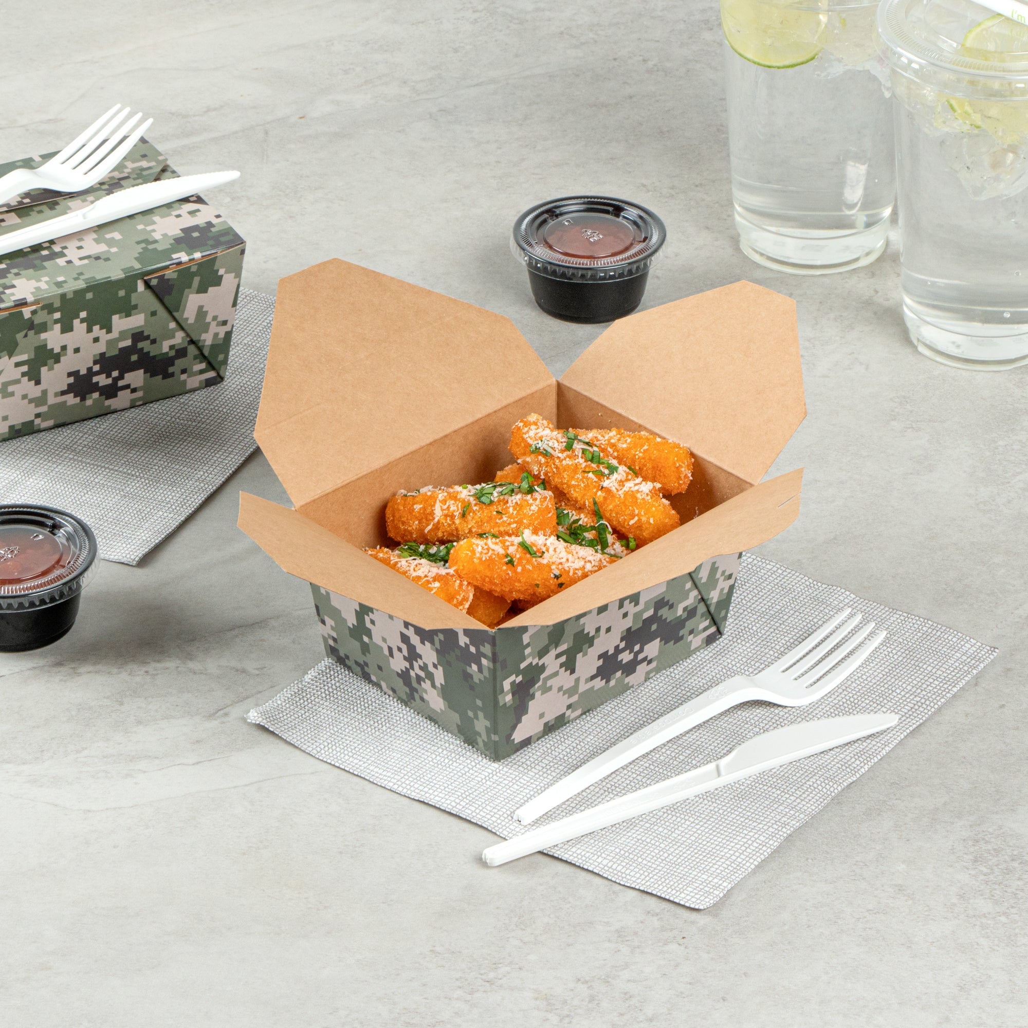 Bio Tek 30 oz Rectangle Camouflage Paper #1 Bio Box Take Out Container - 5" x 4" x 2 1/2" - 50 count box
