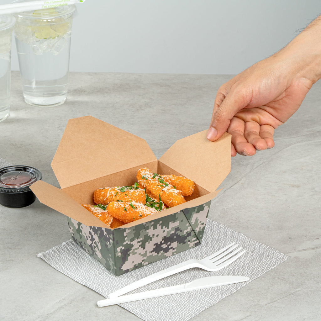 Bio Tek 30 oz Rectangle Camouflage Paper #1 Bio Box Take Out Container - 5" x 4" x 2 1/2" - 50 count box