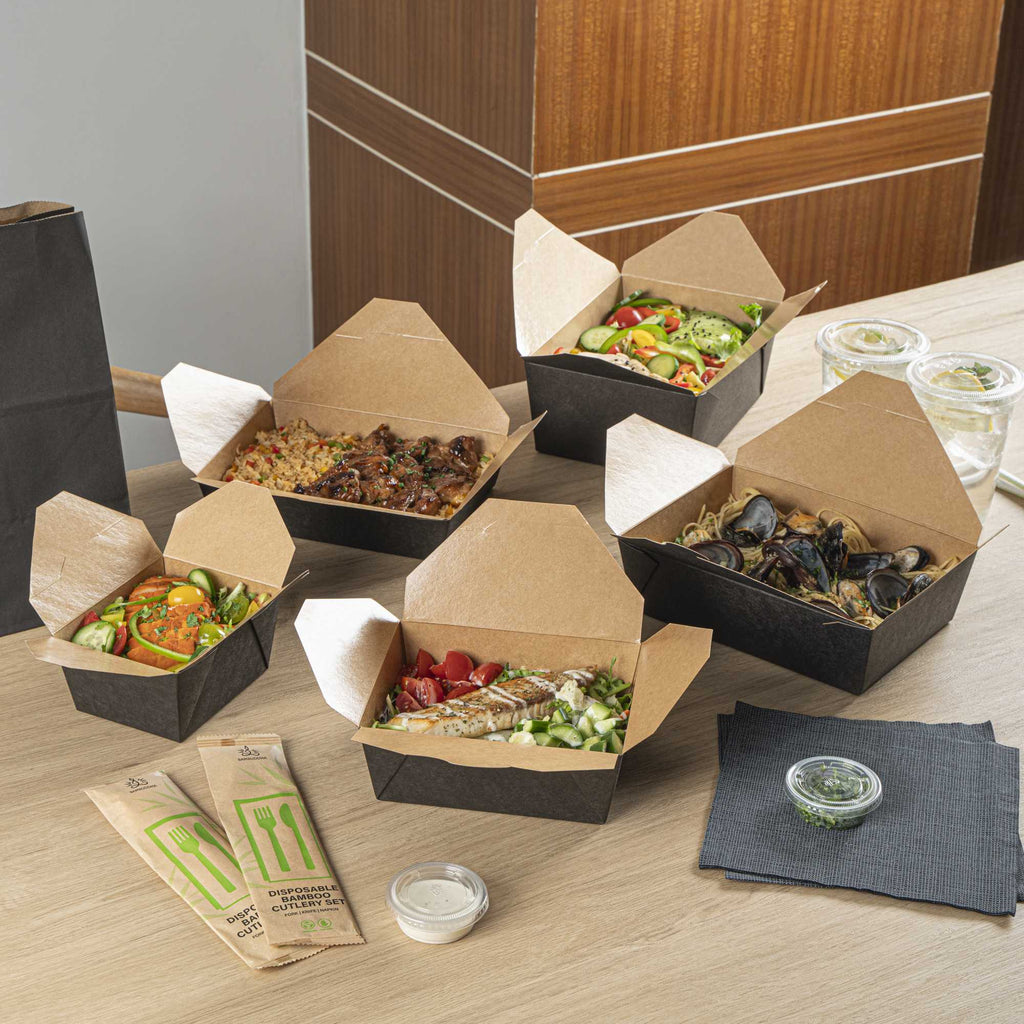 Bio Tek 45 oz Rectangle Black Paper #8 Bio Box Take Out Container - 6 3/4" x 5 1/2" x 2 1/2" - 50 count box