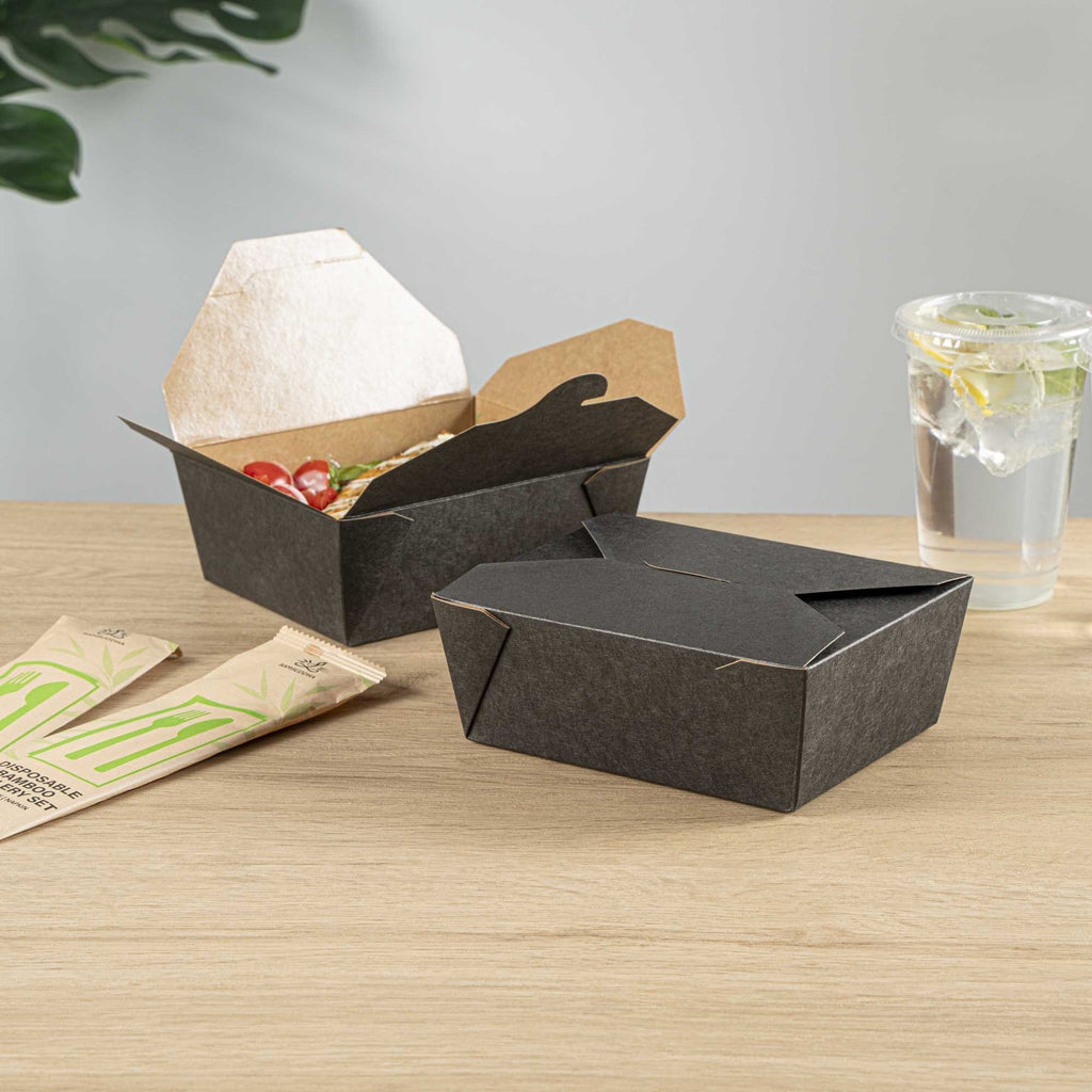 Bio Tek 45 oz Rectangle Black Paper #8 Bio Box Take Out Container - 6 3/4" x 5 1/2" x 2 1/2" - 200 count box