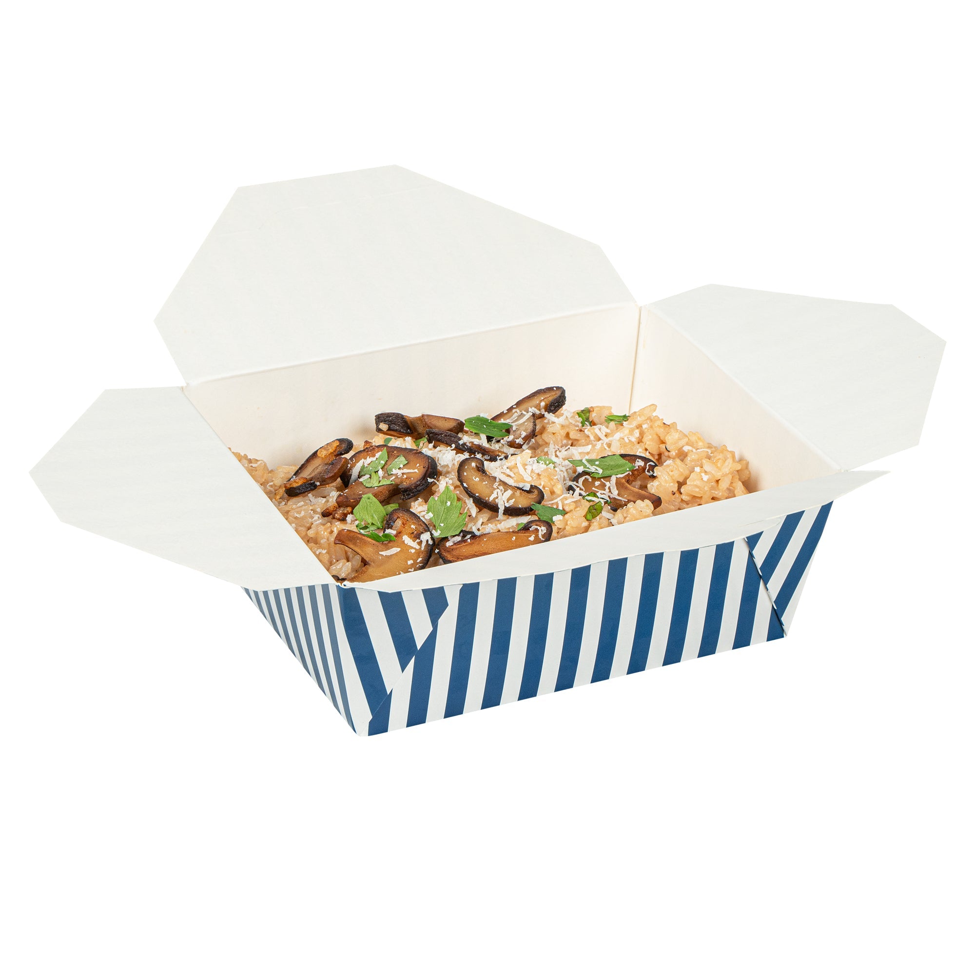 Bio Tek 45 oz Rectangle Blue and White Stripe Paper #8 Bio Box Take Out Container - 6 3/4" x 5 1/2" x 2 1/2" - 50 count box