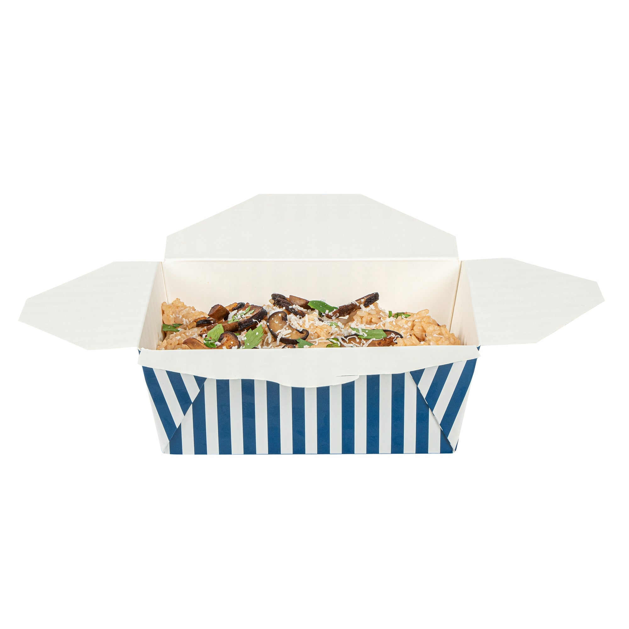 Bio Tek 45 oz Rectangle Blue and White Stripe Paper #8 Bio Box Take Out Container - 6 3/4" x 5 1/2" x 2 1/2" - 50 count box