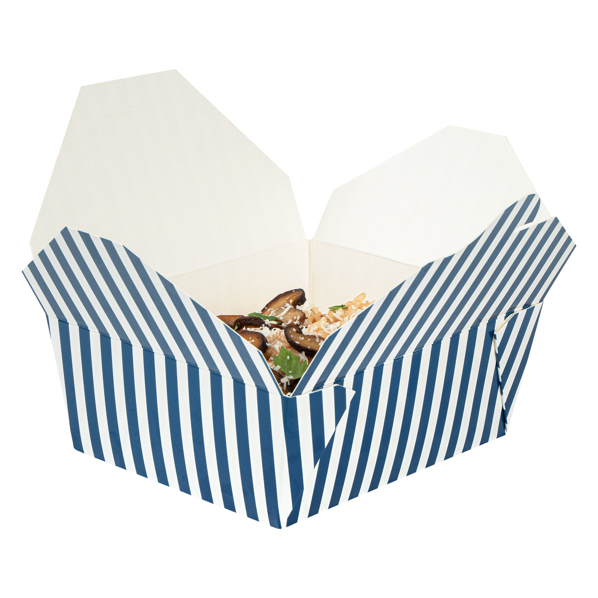 Bio Tek 45 oz Rectangle Blue and White Stripe Paper #8 Bio Box Take Out Container - 6 3/4" x 5 1/2" x 2 1/2" - 50 count box