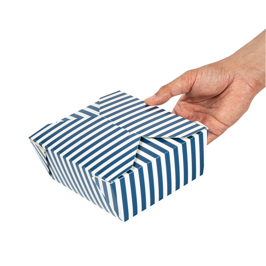 Bio Tek 45 oz Rectangle Blue and White Stripe Paper #8 Bio Box Take Out Container - 6 3/4" x 5 1/2" x 2 1/2" - 50 count box