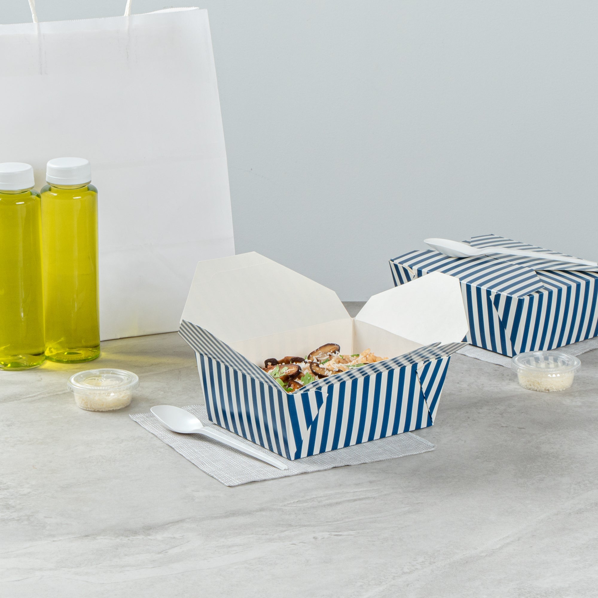Bio Tek 45 oz Rectangle Blue and White Stripe Paper #8 Bio Box Take Out Container - 6 3/4" x 5 1/2" x 2 1/2" - 200 count box