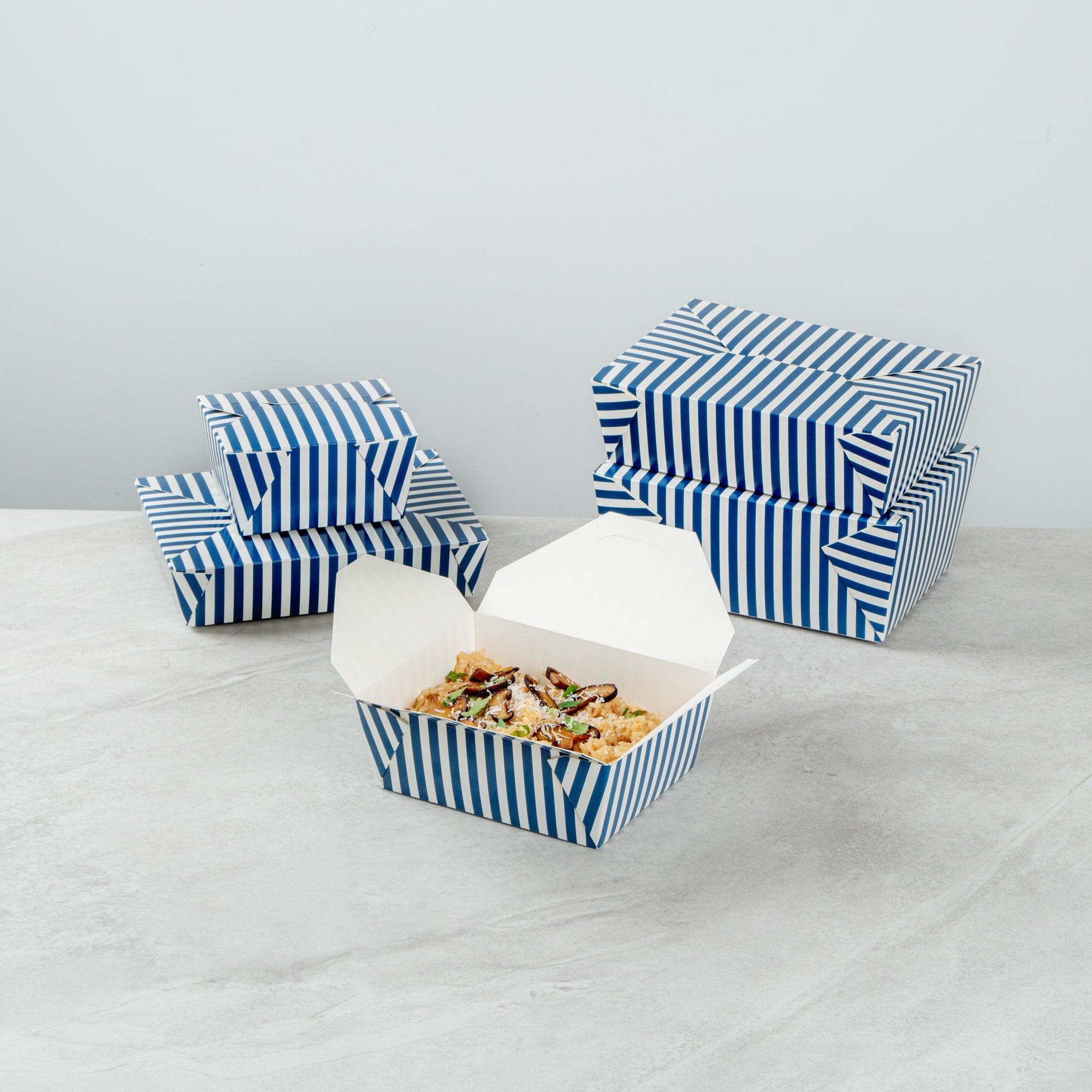 Bio Tek 45 oz Rectangle Blue and White Stripe Paper #8 Bio Box Take Out Container - 6 3/4" x 5 1/2" x 2 1/2" - 200 count box