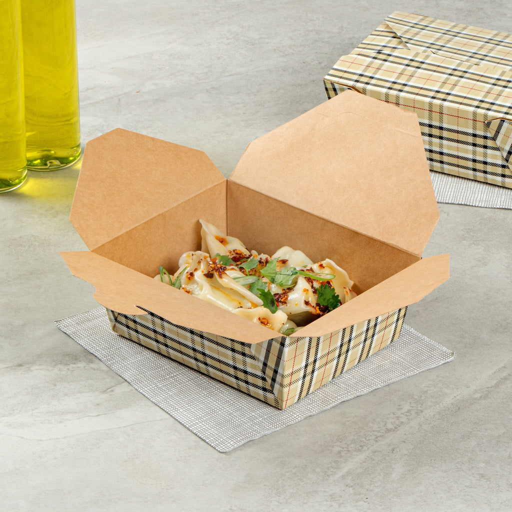 Bio Tek 45 oz Rectangle Plaid Paper #8 Bio Box Take Out Container - 6 3/4" x 5 1/2" x 2 1/2" - 200 count box