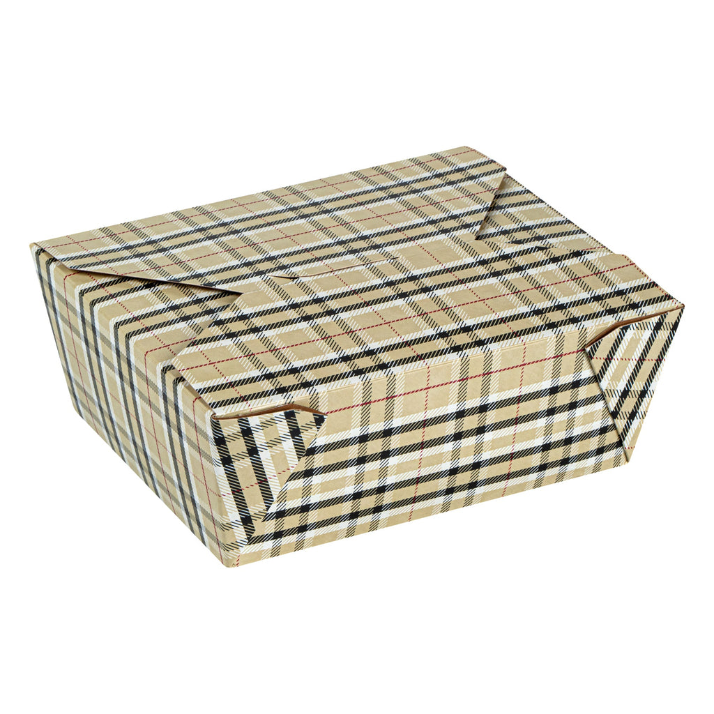 Bio Tek 45 oz Rectangle Plaid Paper #8 Bio Box Take Out Container - 6 3/4" x 5 1/2" x 2 1/2" - 50 count box