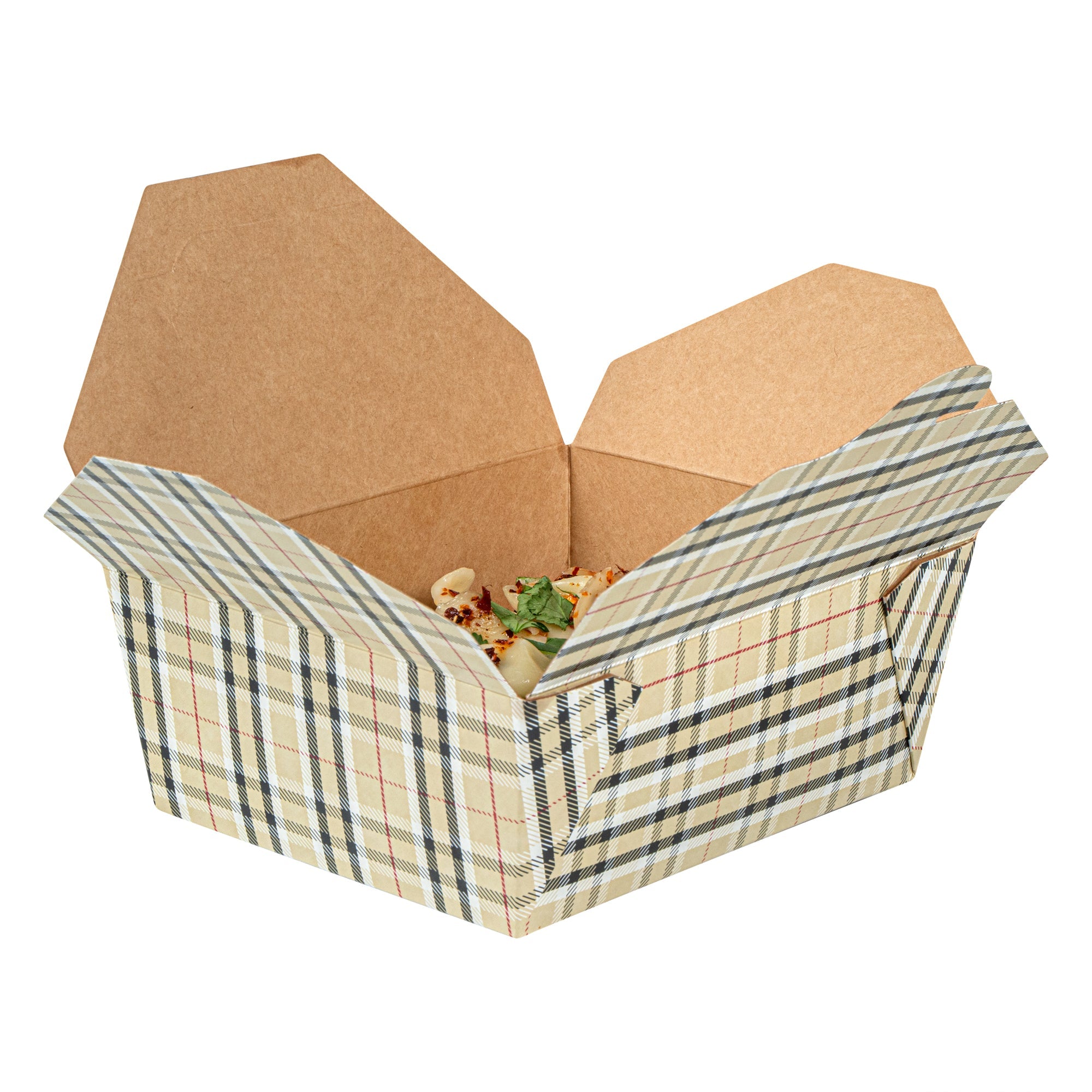 Bio Tek 45 oz Rectangle Plaid Paper #8 Bio Box Take Out Container - 6 3/4" x 5 1/2" x 2 1/2" - 50 count box