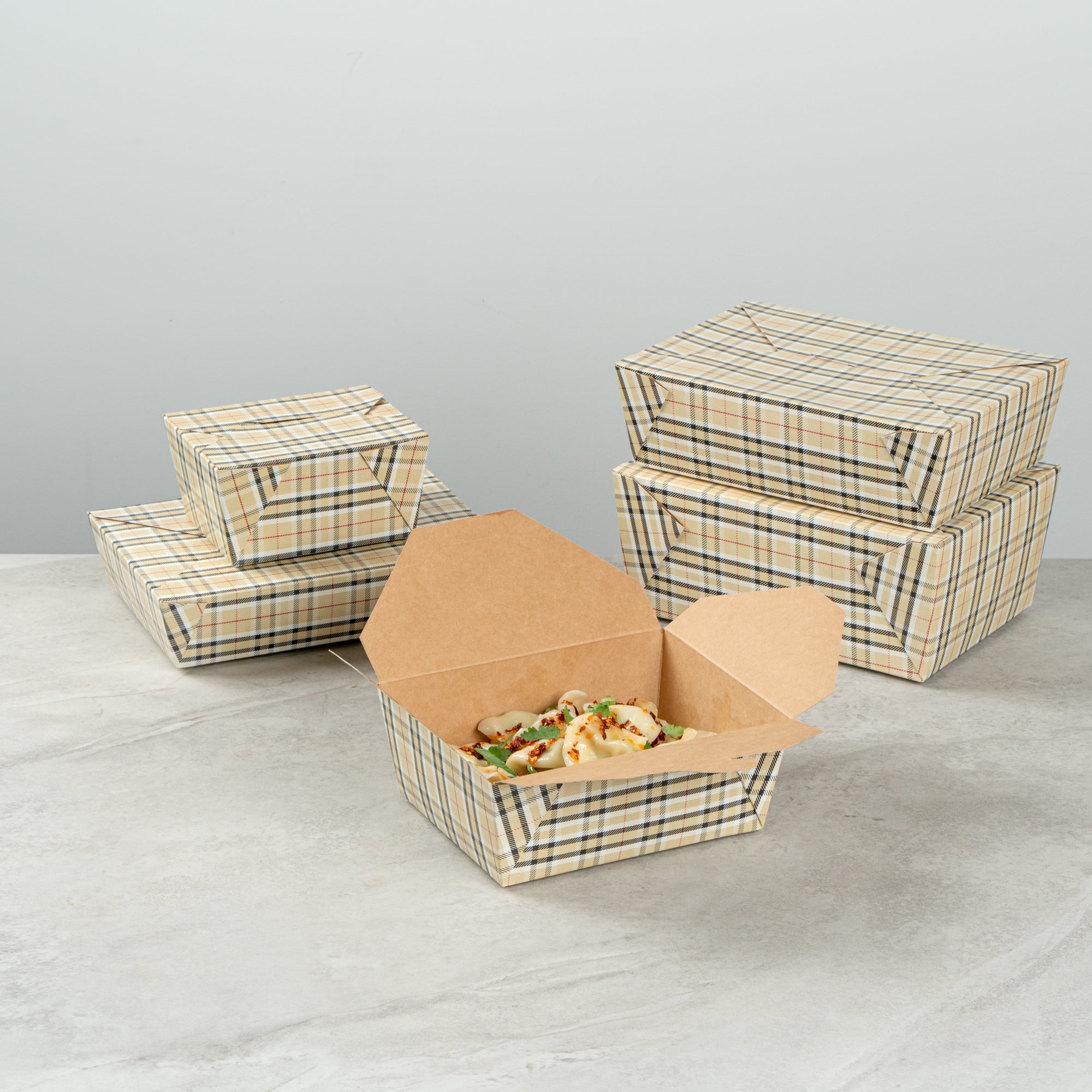Bio Tek 45 oz Rectangle Plaid Paper #8 Bio Box Take Out Container - 6 3/4" x 5 1/2" x 2 1/2" - 200 count box