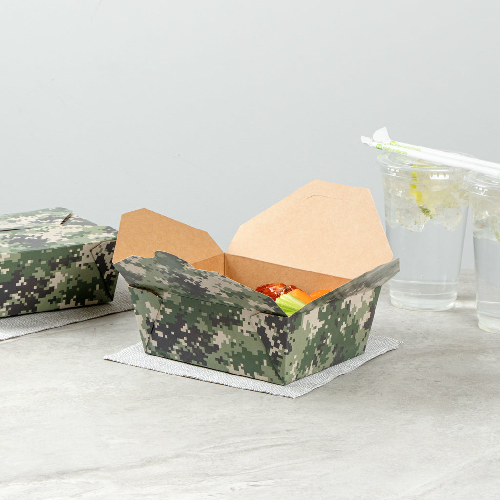 Bio Tek 45 oz Rectangle Camouflage Paper #8 Bio Box Take Out Container - 6 3/4" x 5 1/2" x 2 1/2" - 50 count box