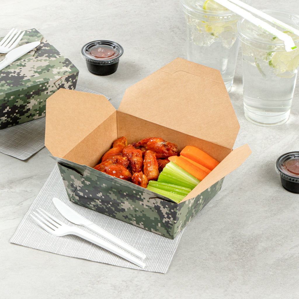 Bio Tek 45 oz Rectangle Camouflage Paper #8 Bio Box Take Out Container - 6 3/4" x 5 1/2" x 2 1/2" - 200 count box