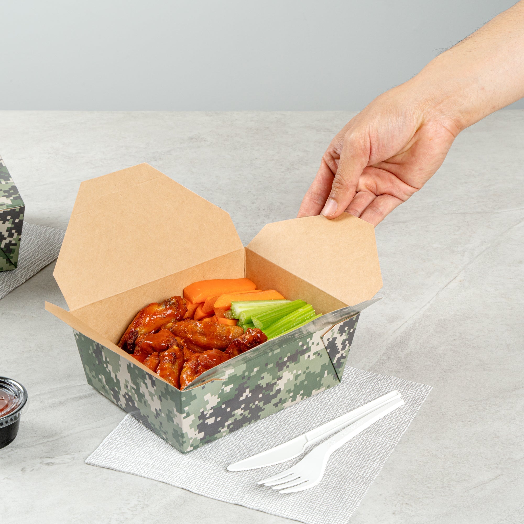 Bio Tek 45 oz Rectangle Camouflage Paper #8 Bio Box Take Out Container - 6 3/4" x 5 1/2" x 2 1/2" - 200 count box