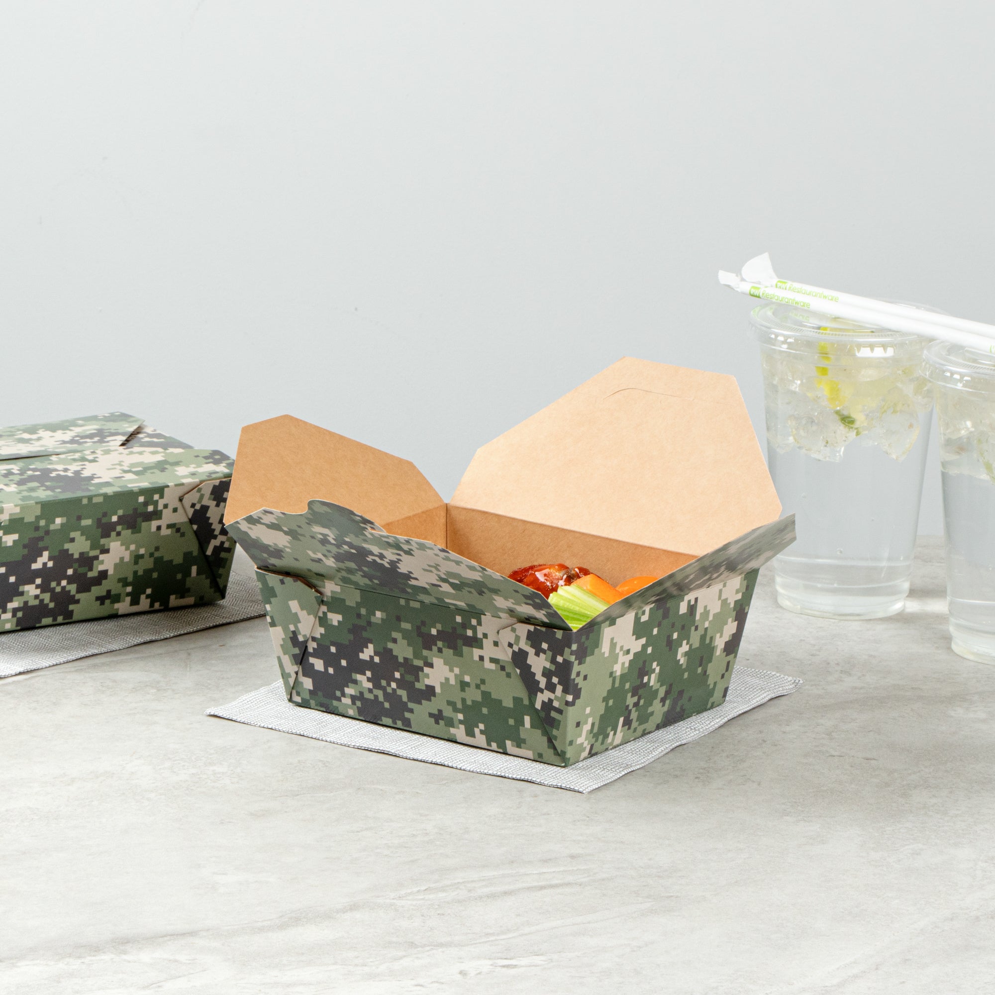Bio Tek 45 oz Rectangle Camouflage Paper #8 Bio Box Take Out Container - 6 3/4" x 5 1/2" x 2 1/2" - 200 count box