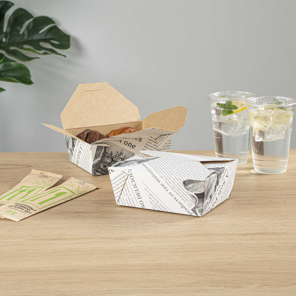 Bio Tek 45 oz Rectangle Newsprint Paper #8 Bio Box Take Out Container - 6 3/4" x 5 1/2" x 2 1/2" - 200 count box