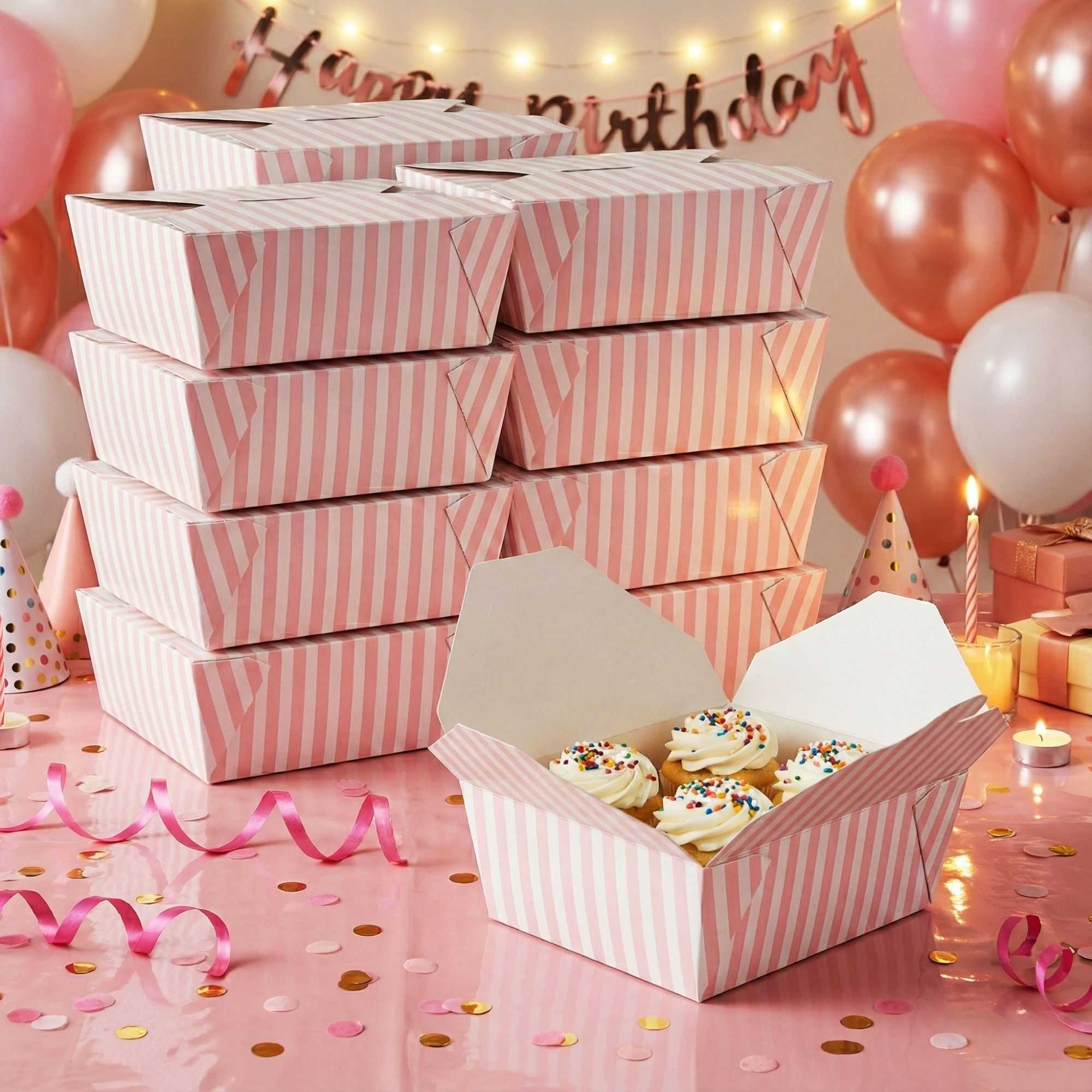 Bio Tek 45 oz Rectangle Pink and White Stripe Paper #8 Bio Box Take Out Container - 6 3/4" x 5 1/2" x 2 1/2" - 50 count box