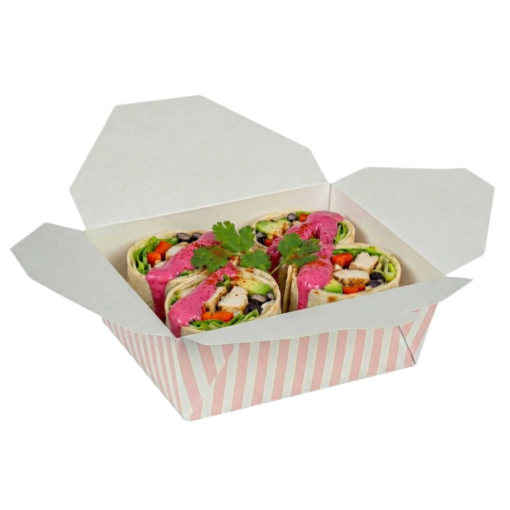 Bio Tek 45 oz Rectangle Pink and White Stripe Paper #8 Bio Box Take Out Container - 6 3/4" x 5 1/2" x 2 1/2" - 200 count box
