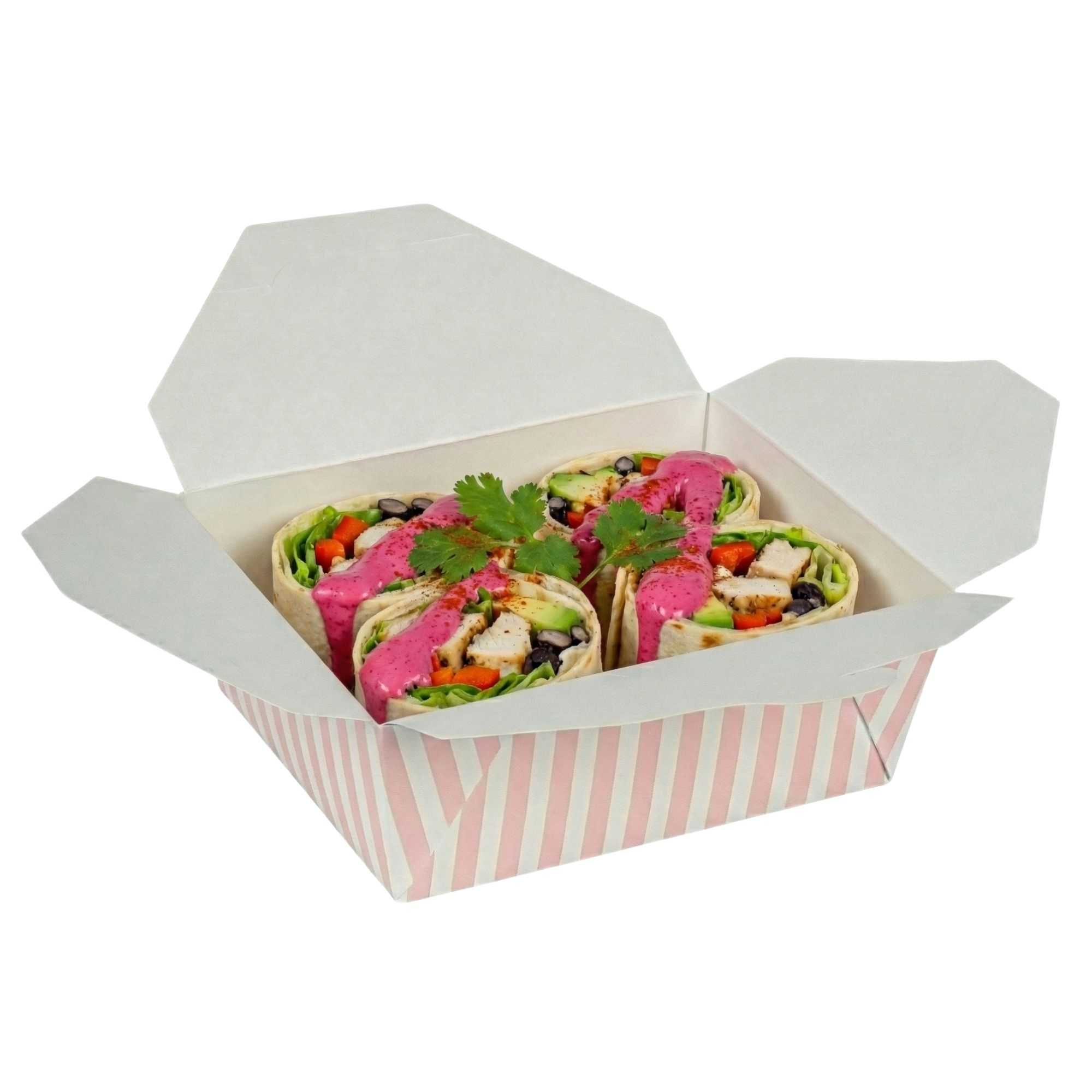 Bio Tek 45 oz Rectangle Pink and White Stripe Paper #8 Bio Box Take Out Container - 6 3/4" x 5 1/2" x 2 1/2" - 200 count box