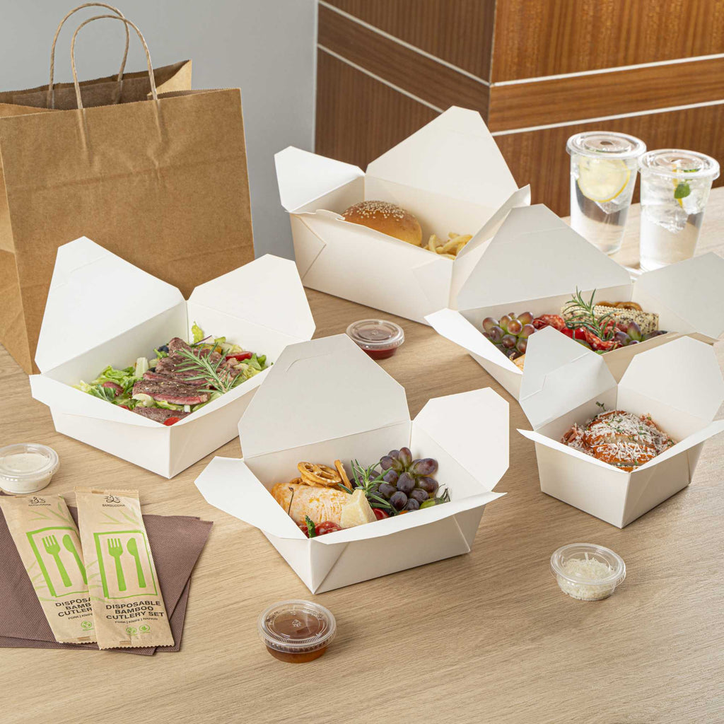 Bio Tek 45 oz Rectangle White Paper #8 Bio Box Take Out Container - 6 3/4" x 5 1/2" x 2 1/2" - 50 count box