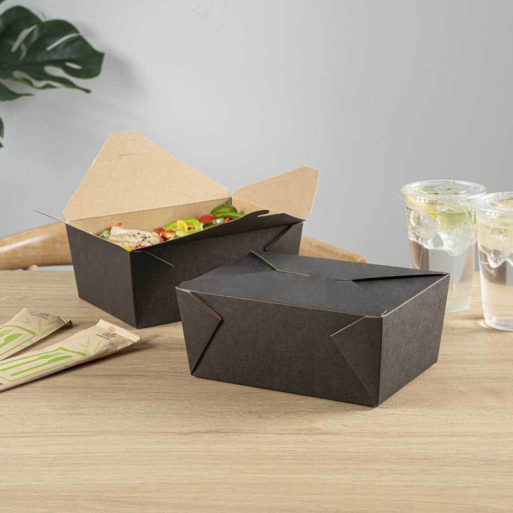 Bio Tek 98 oz Rectangle Black Paper #4 Bio Box Take Out Container - 8 1/2" x 6 1/4" x 3 1/2" - 50 count box