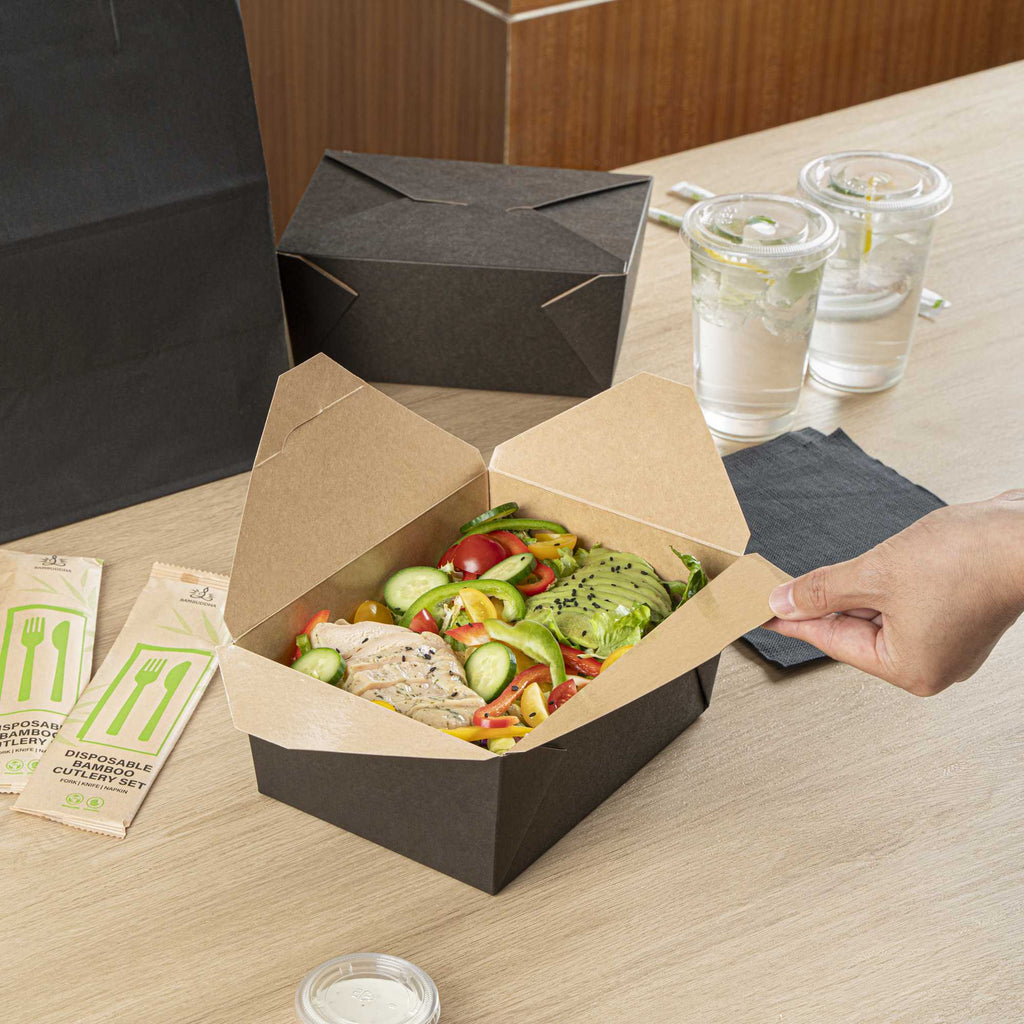 Bio Tek 98 oz Rectangle Black Paper #4 Bio Box Take Out Container - 8 1/2" x 6 1/4" x 3 1/2" - 50 count box