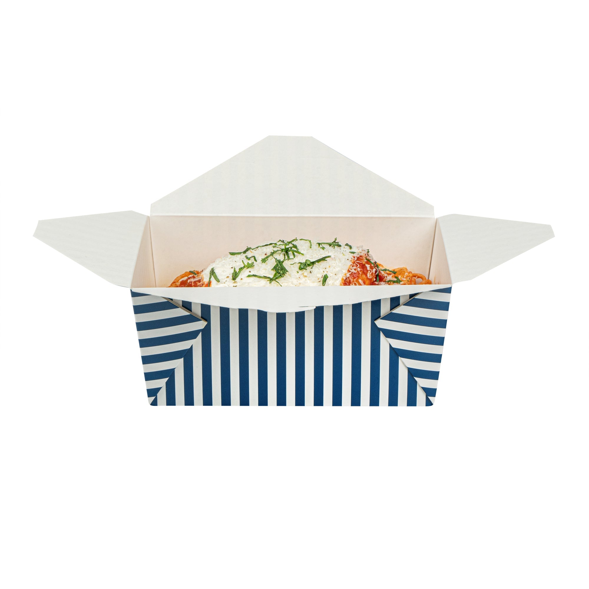 Bio Tek 98 oz Blue and White Stripe Paper #4 Bio Box Take Out Container - 8 1/2" x 6 1/4" x 3 1/2" - 50 count box