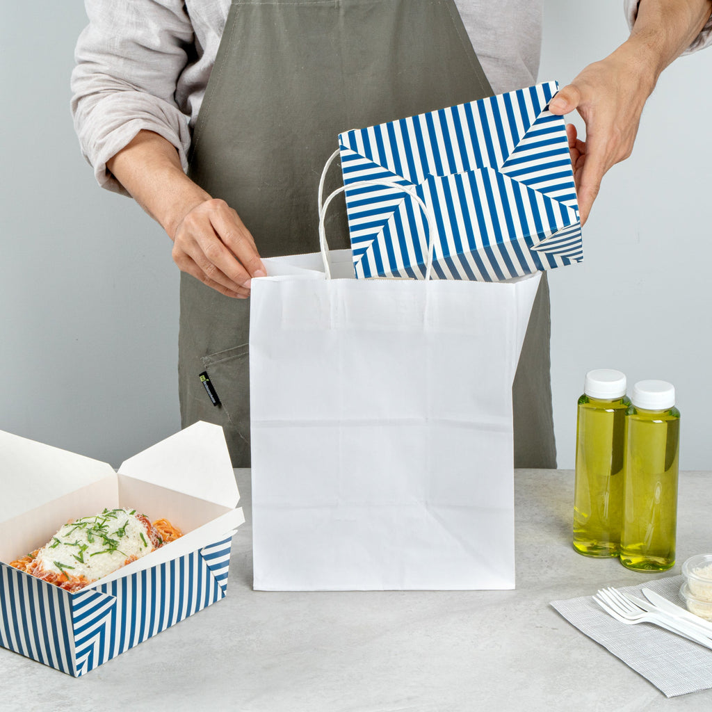 Bio Tek 98 oz Blue and White Stripe Paper #4 Bio Box Take Out Container - 8 1/2" x 6 1/4" x 3 1/2" - 50 count box