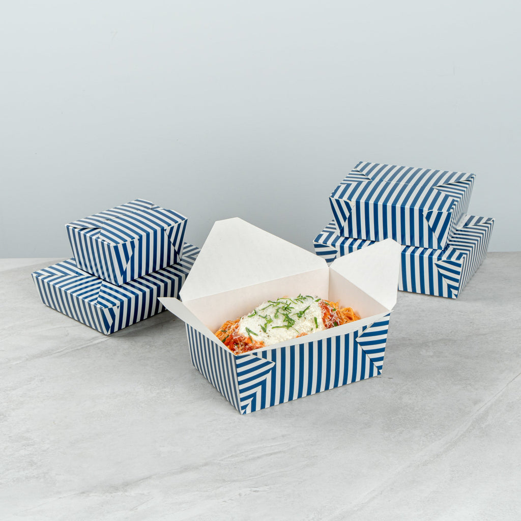Bio Tek 98 oz Blue and White Stripe Paper #4 Bio Box Take Out Container - 8 1/2" x 6 1/4" x 3 1/2" - 50 count box