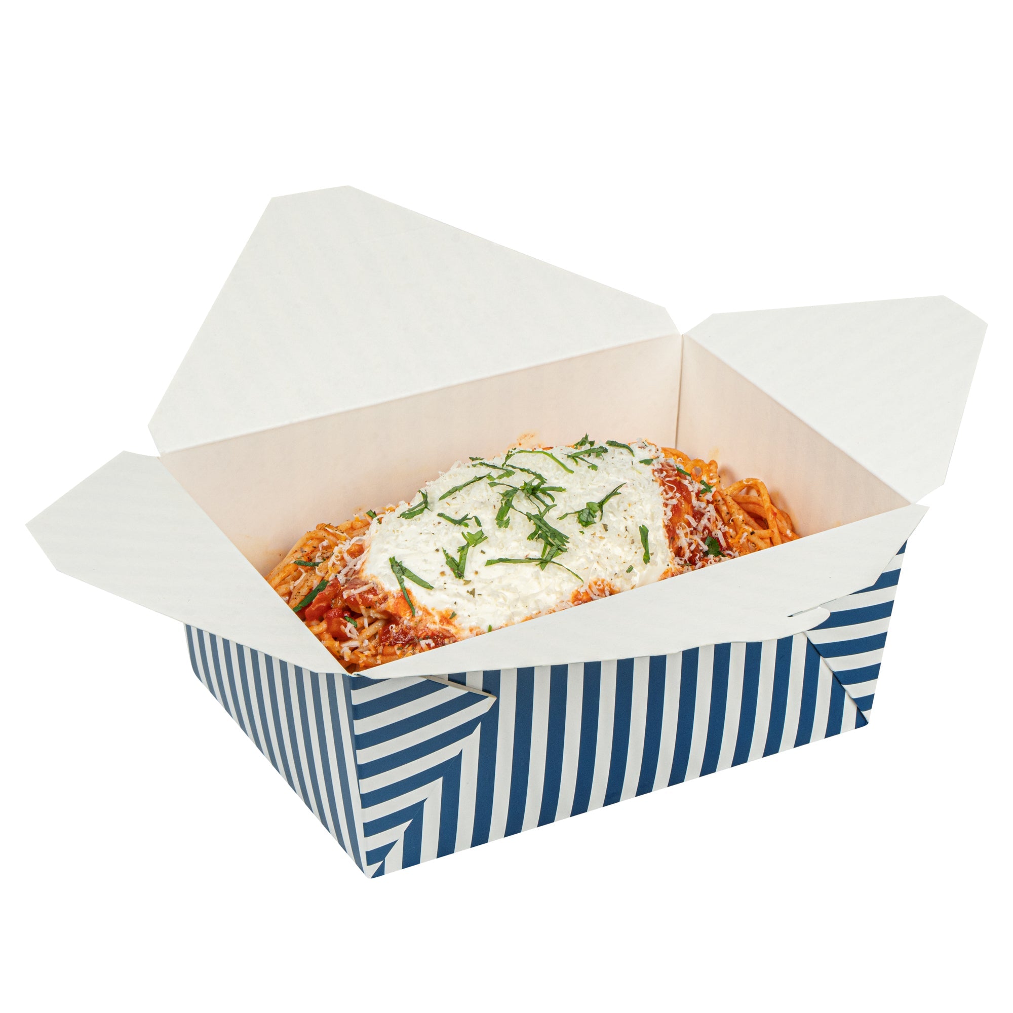 Bio Tek 98 oz Blue and White Stripe Paper #4 Bio Box Take Out Container - 8 1/2" x 6 1/4" x 3 1/2" - 200 count box