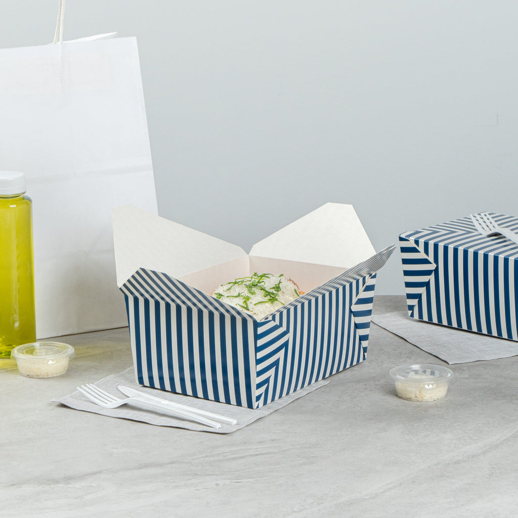 Bio Tek 98 oz Blue and White Stripe Paper #4 Bio Box Take Out Container - 8 1/2" x 6 1/4" x 3 1/2" - 200 count box