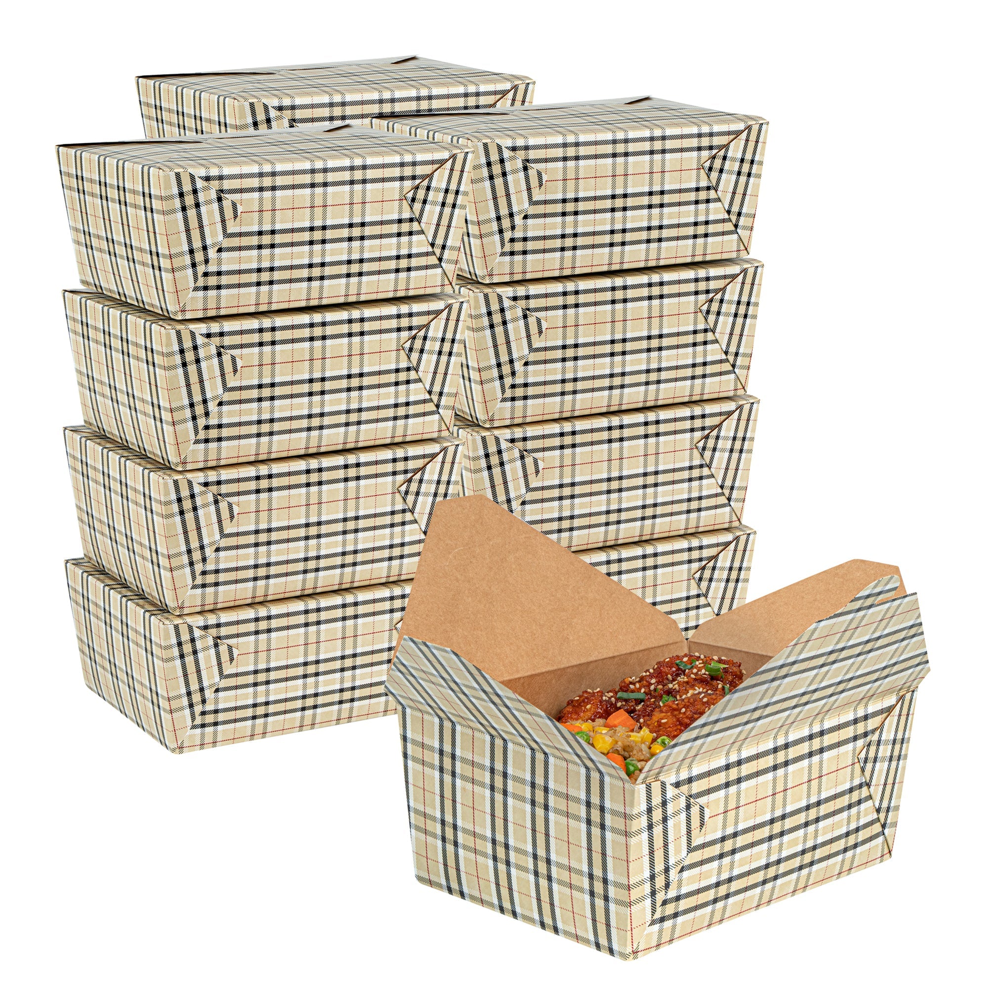 Bio Tek 98 oz Plaid Paper #4 Bio Box Take Out Container - 8 1/2" x 6 1/4" x 3 1/2" - 50 count box