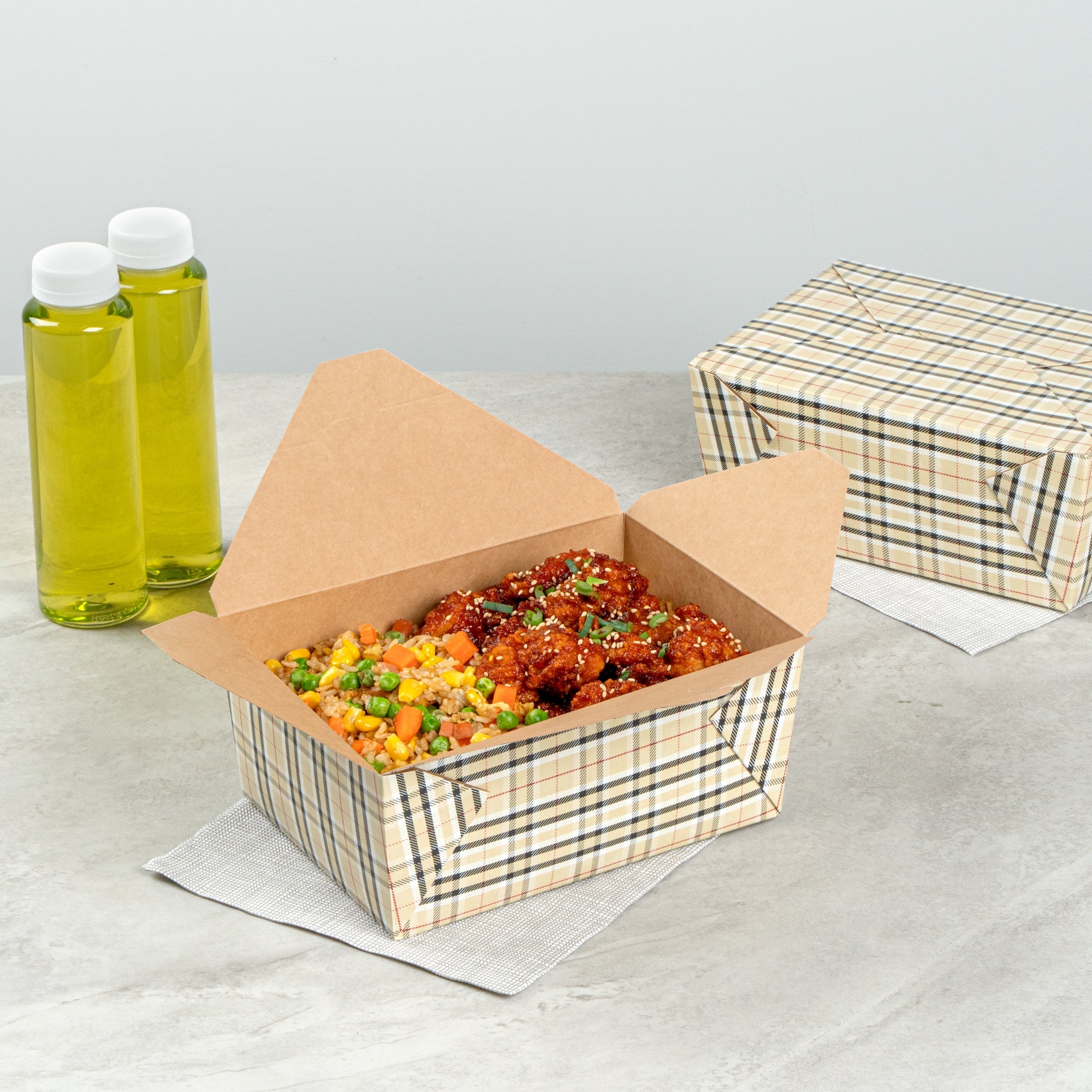 Bio Tek 98 oz Plaid Paper #4 Bio Box Take Out Container - 8 1/2" x 6 1/4" x 3 1/2" - 50 count box