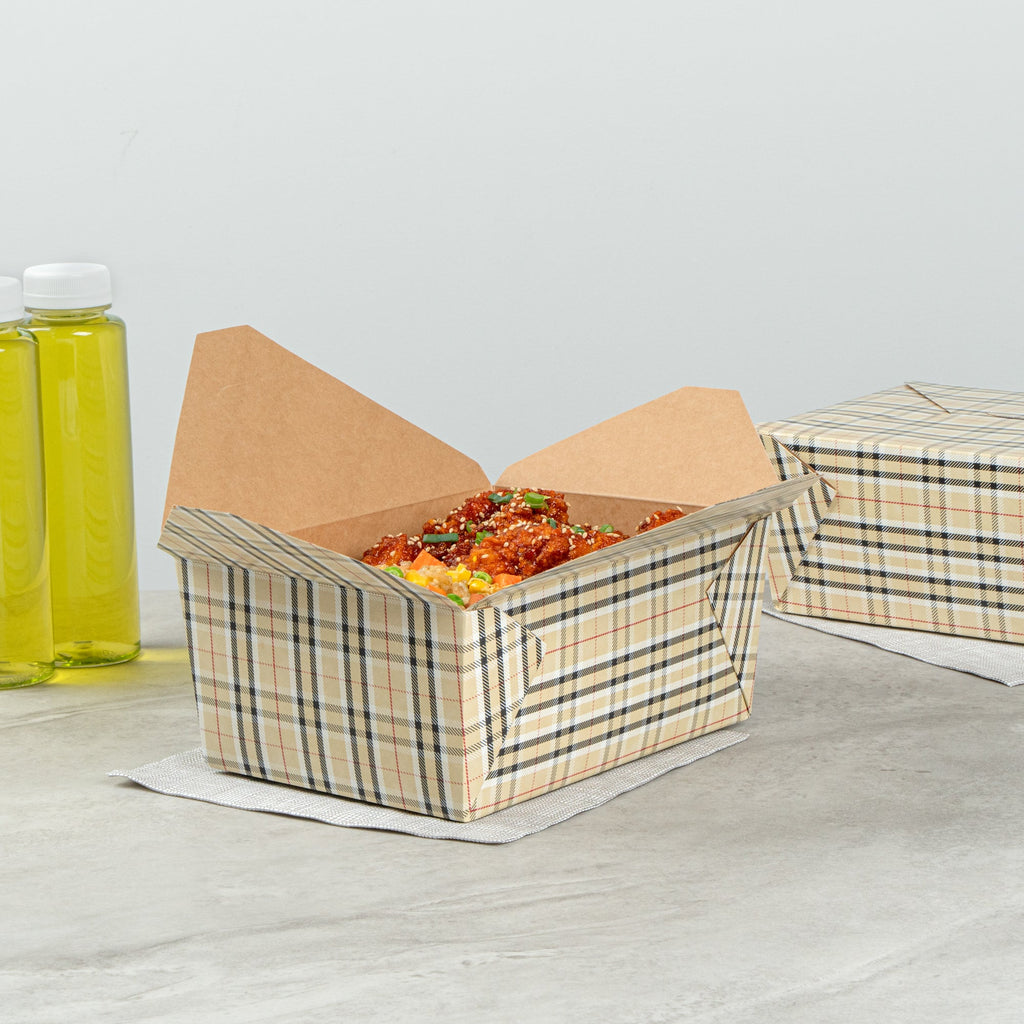 Bio Tek 98 oz Plaid Paper #4 Bio Box Take Out Container - 8 1/2" x 6 1/4" x 3 1/2" - 50 count box
