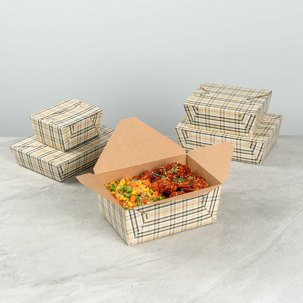 Bio Tek 98 oz Plaid Paper #4 Bio Box Take Out Container - 8 1/2" x 6 1/4" x 3 1/2" - 50 count box